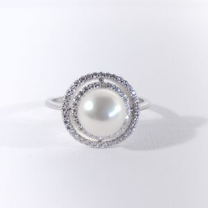Freshwater Pearl White with White CZs Ring Sterling Silver Size 6.25